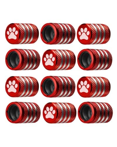 Tire Valve Stem Caps Cover 12 Pack Tire Air Caps Metal with Plastic Liner Corrosion Resistant LeakProof Dog Paw Print for Car Truck Motorcycle Bike Red