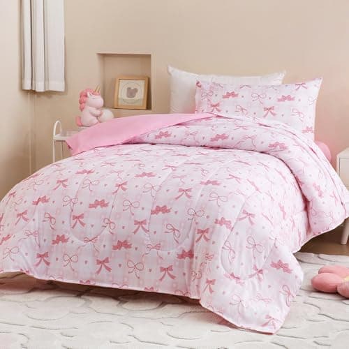 Homilay Twin Size Pink Check Comforter Set for Kids, Toddler, Boys&Girls, 4 Pieces Bed-in-a-Bag Bedding Set, All Season Ultra Soft Oeko TEX Sheets Set with Comforter, (Pink Bow)