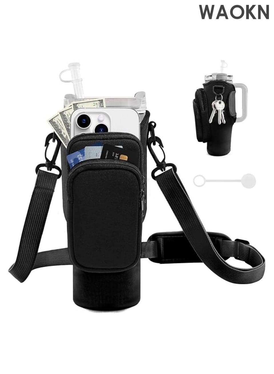 Water Bottle Carrying Case with Phone Pocket for 40/30 Ounces, Water Bottle Holder with Adjustable Strap and Straw Cover, Cup Accessory
