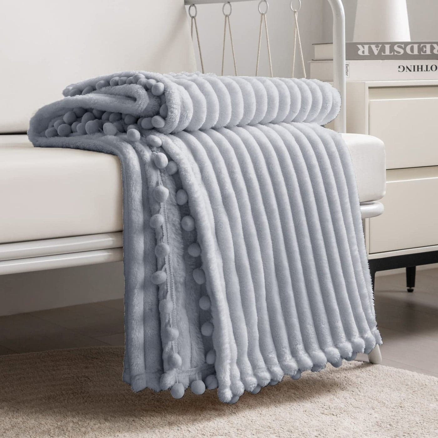 DISSA Fleece Blanket Twin Size 60x80 Grey Soft Plush Fluffy Fuzzy Warm Cozy Perfect Throw for Couch Bed Sofa with Pompom Fringe Flannel Blanket