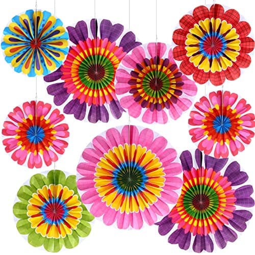Outus 9 Pcs Fall Flower Hanging Decorations Fall Paper Fans Classroom Ceiling Wall Decor Colorful Bloom Paper Fan for Wedding Birthday Thanksgiving Birthday Party Supplies (Spring Flower)