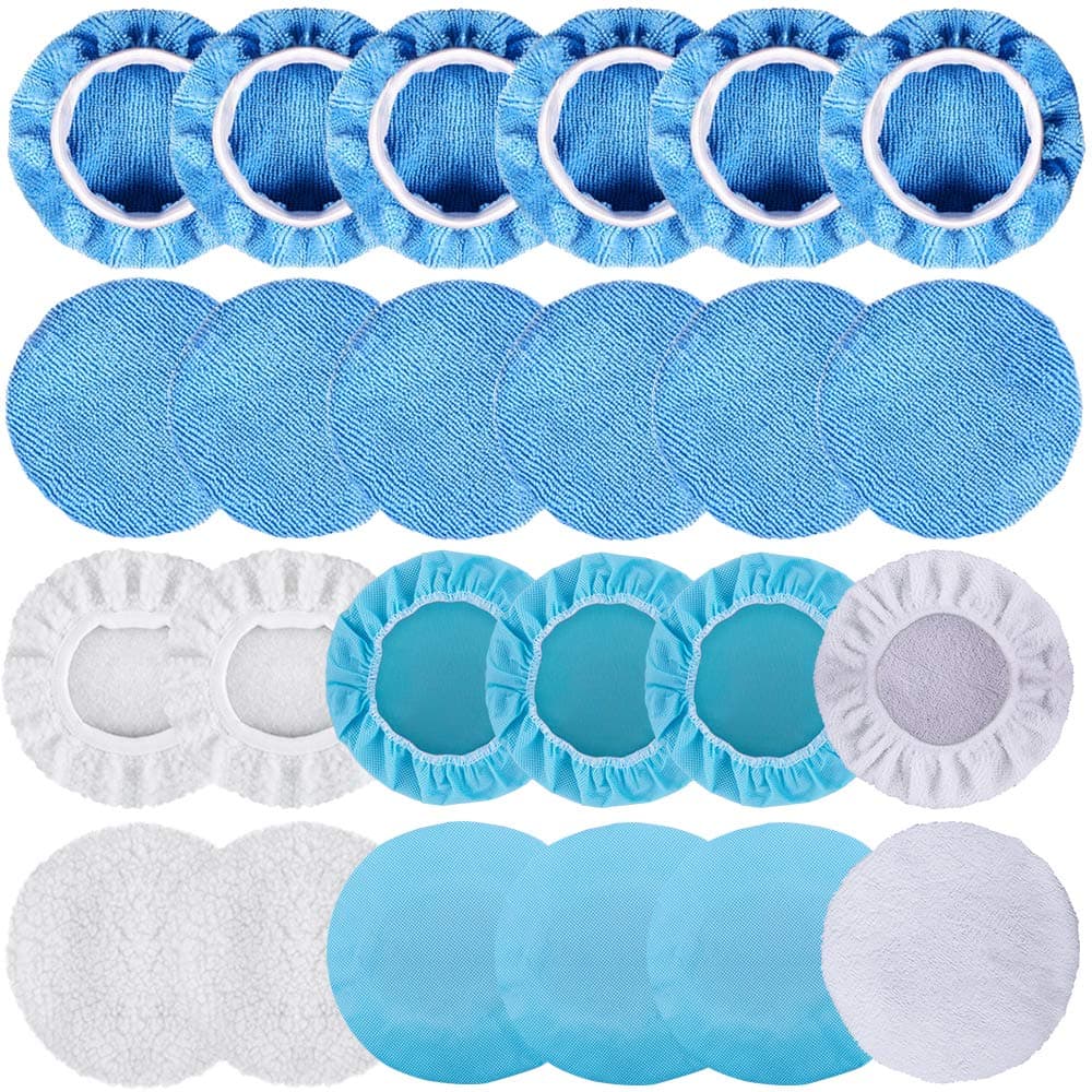 SIQUK 24 Packs Car Polisher Pad Bonnets 5 to 6 Inch Polishing Bonnet with 12 Packs Microfiber Bonnets 4 Packs Waxing Bonnet 6 Packs NonWoven Buffing Bonnet and 2 Packs Cotton Bonnet