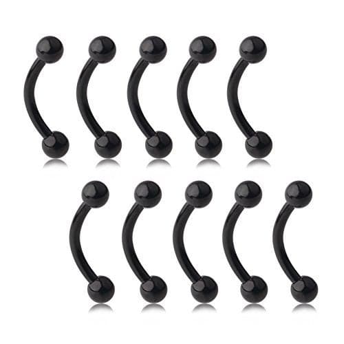 Ruifan Lot of 10 Black Titanium Anodized Eyebrow Piercing Jewelry Curved Barbell with Ball Kit Eyebrow Tragus Lip Ring 16g 16 gauge 8mm
