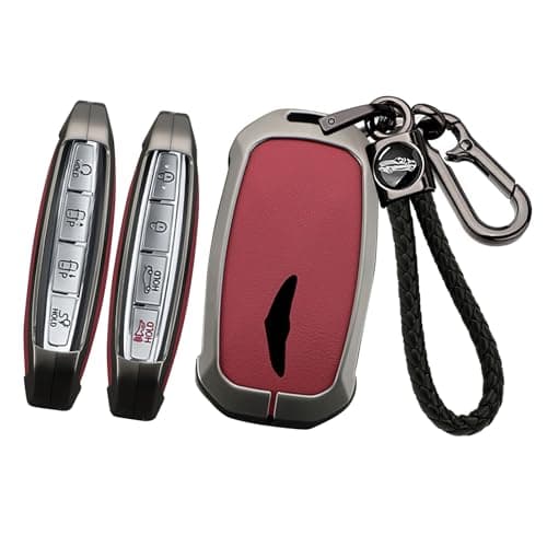 SANRILY Metal & Leather 5-6-7-8 Button Key Fob Cover Case Fit for Genesis GV80 G80 2025 GV60 G70 G90 2023 2024 2025 Fit for Hyundai Key Holder Keyless with Weave Keychain Red
