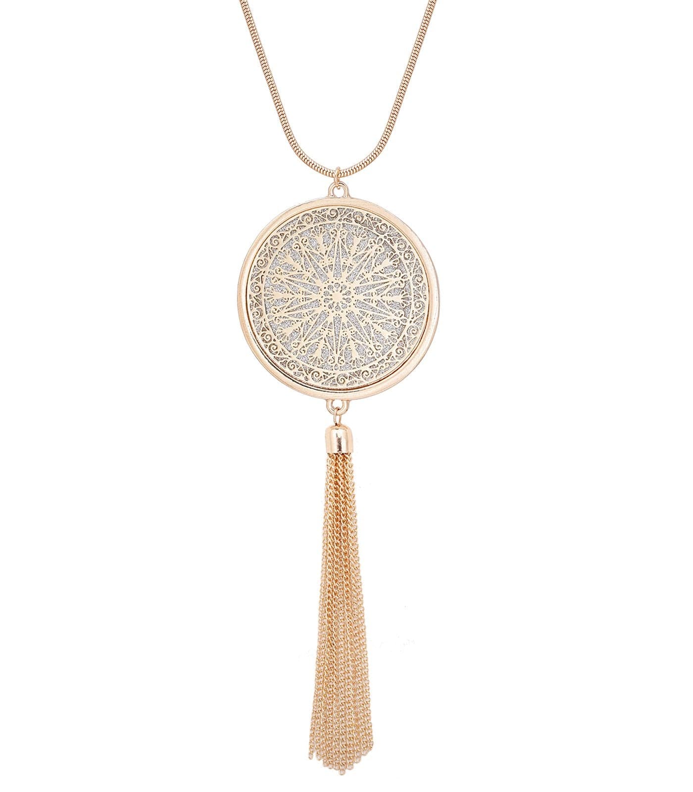 MOLOCH Long Necklaces For Woman Disk Circle Pendant Necklaces Tassel Fringe Necklace Set Statement Pendant (gold)