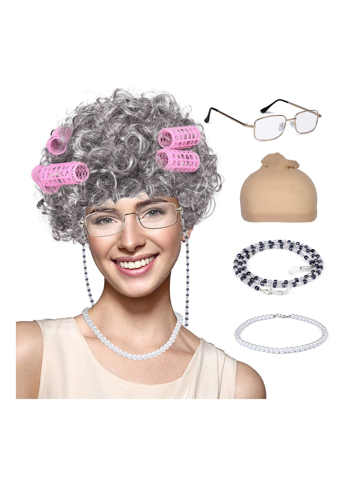 Old Lady Wig Costume for Women,100 Days of School Costume for Kids Girls, Grandma Granny Costume Wig for Halloween Cosplay
