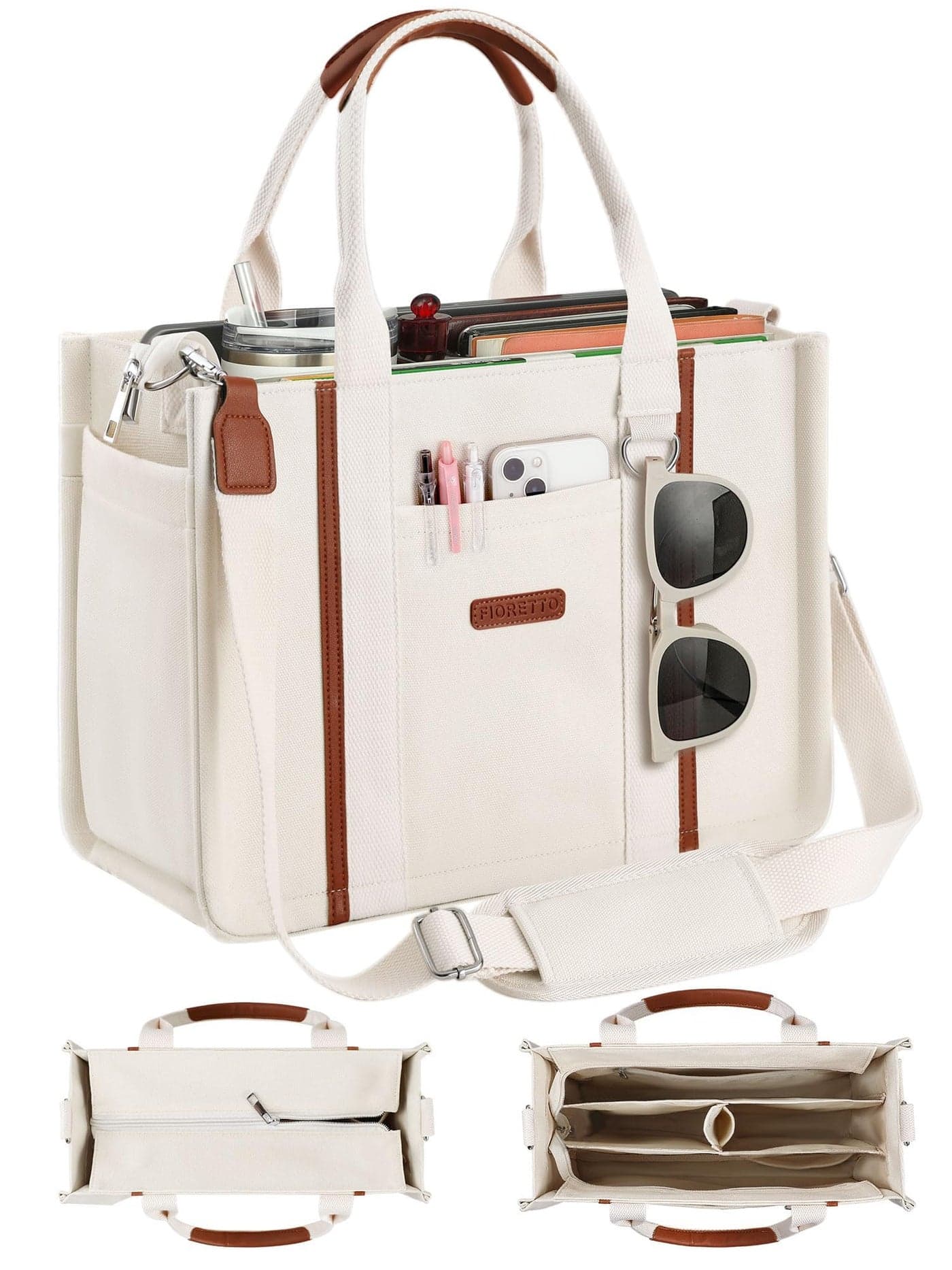 FIORETTO Canvas Tote Bag Purse for Women with Zipper, Multiple Compartments, bottle holder & Reinforced Bottom, Perfect for Nurses & Teachers for Work, Bible Study, Travel & Daily Use Beige M