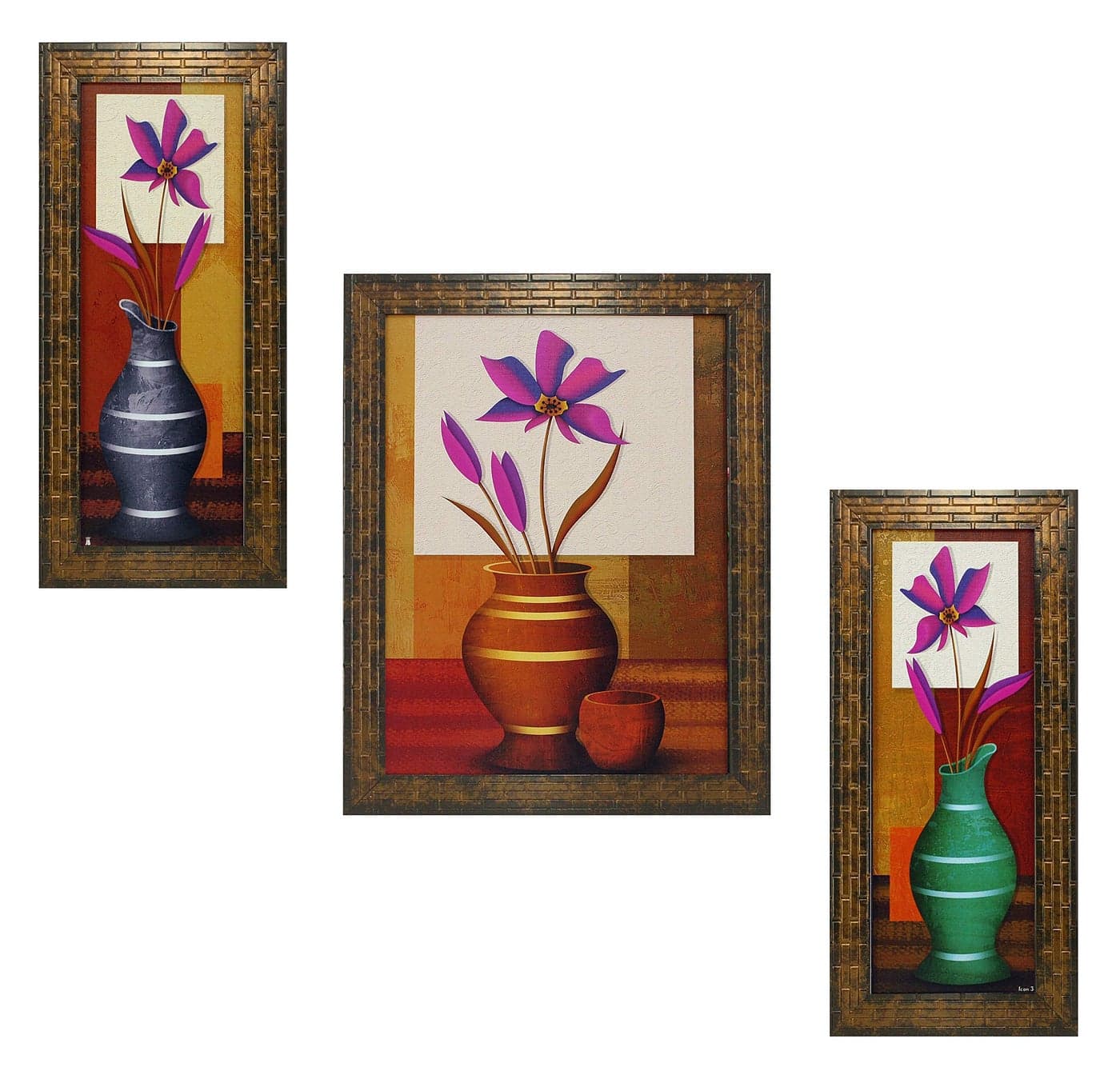 Indianara Set of 3 Floral Paintings (1673) Without Glass 5.2 X 12.5, 9.5 X 12.5, 5.2 X 12.5 INCH