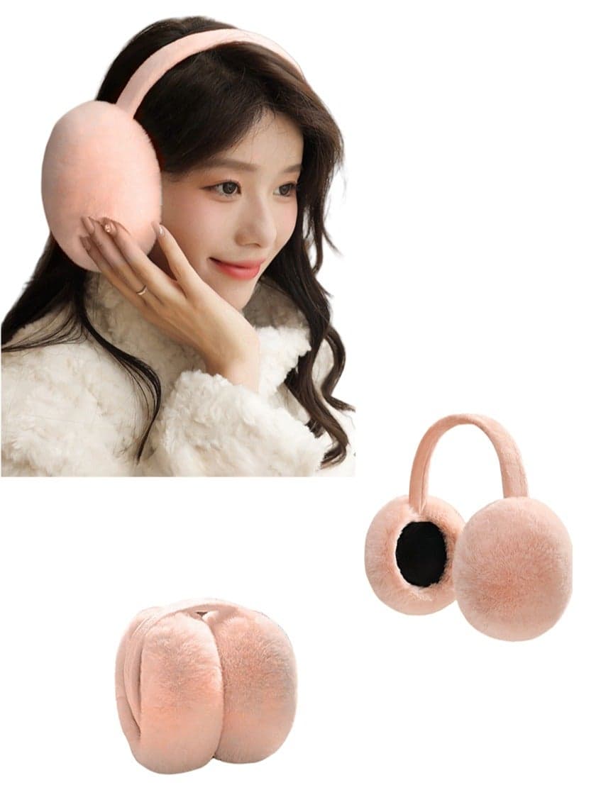Outdoor sports ladies and girls winter warm earmuffs bicycle ski windproof hood earmuffs plush ear rabbit design (light pink)