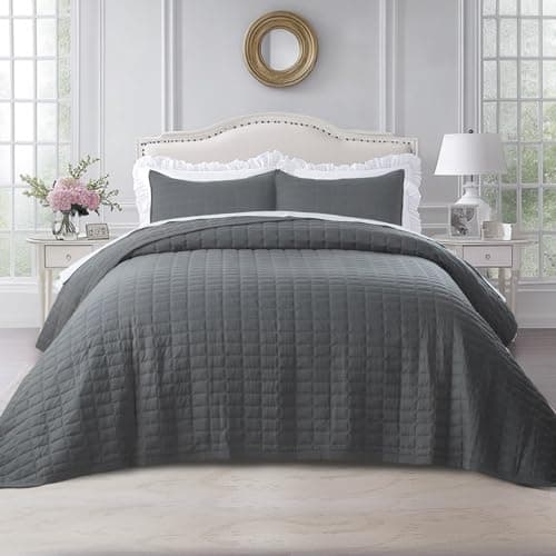 KASENTEX Queen Quilt Set 90"x90" – Soft Washed 3-Layer Lightweight Bedspread, Minimalist Nordic Design, All-Season Spring & Summer Quilt Set (1 Quilt + 2 Pillow Shams), Dark Grey