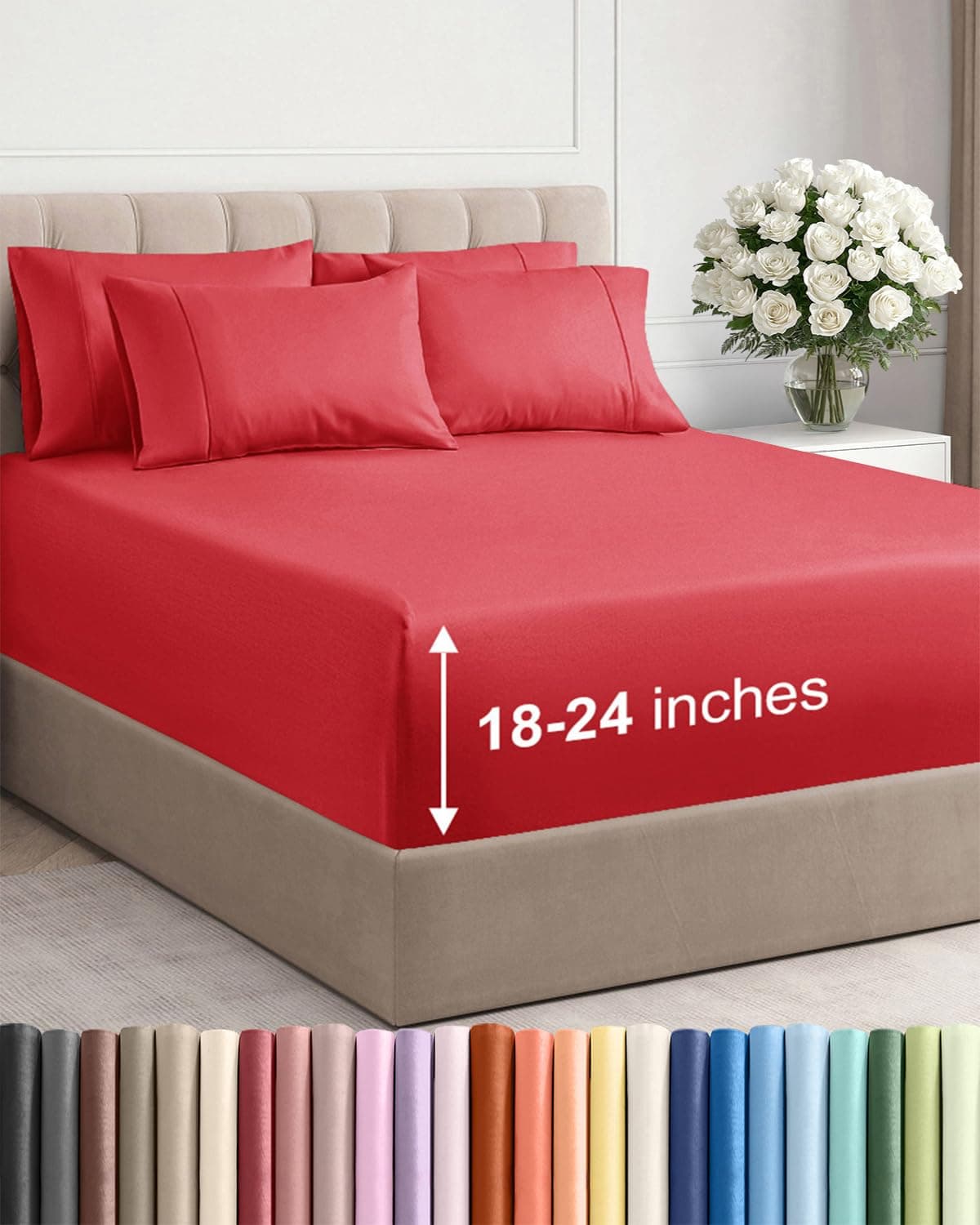 Extra Deep Full Sheet Set 6 Piece Breathable and Cooling Sheets Hotel Luxury Bed Sheets Set Easy Secure Fit Soft Wrinkle Free and Comfy Sheets Set Red Sheet Set with Extra Deep Pockets