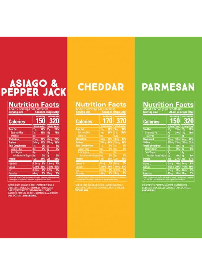 Whisps Cheese Crisps Variety Pack | Protein Chips | Healthy Snacks | Protein Snacks, Gluten Free, High Protein, Low Carb Keto Food | Parmesan, Cheddar Cheese, Asiago, Pepper Jack (2.12 Oz, 6 Pack)