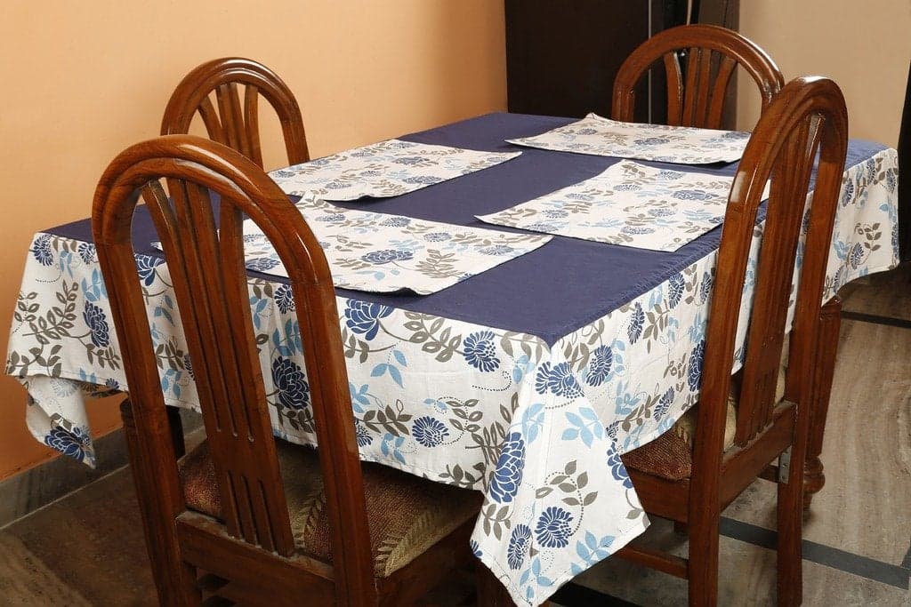 Dekor World Floral Printed Blue Rectangle Table Cover with Place Mat (Pack of 7) 150X225 Cm / 60X90 Inches for 6 Seater Dining Table