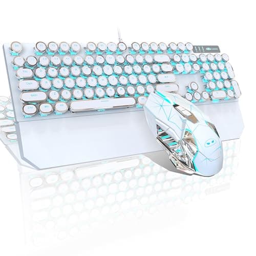 Typewriter Mechanical Gaming Keyboard and Mouse Combo, Retro Punk Round Keycaps RGB Rainbow Backlit Wired Keyboard for Game and Office, for Windows Laptop PC, Red Switches(White)