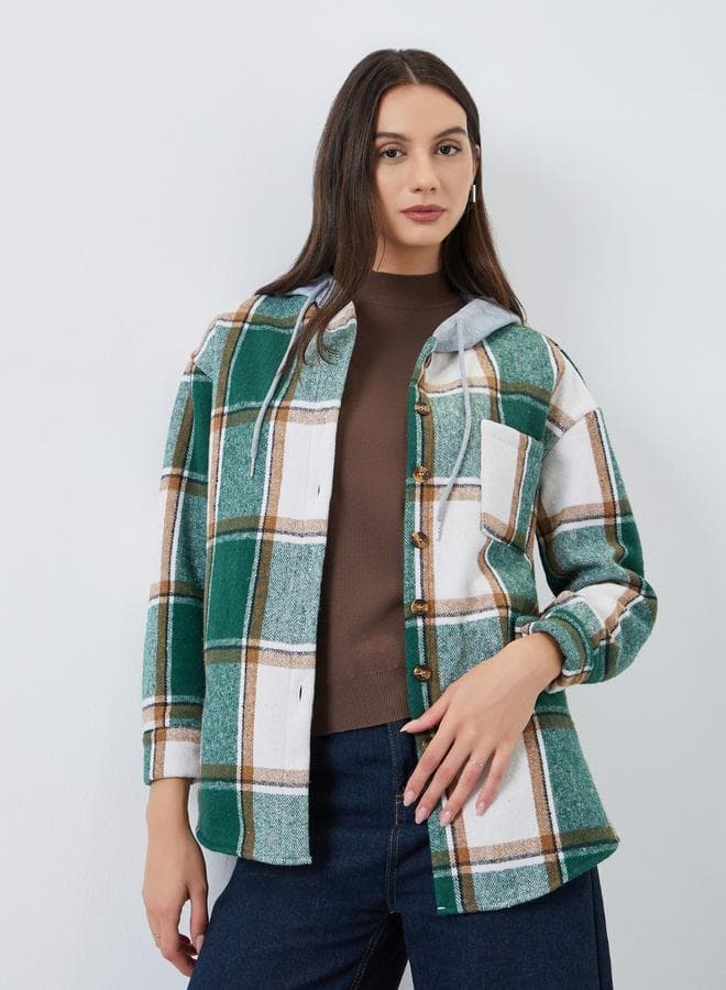 Checked Button Front Hooded Shacket
