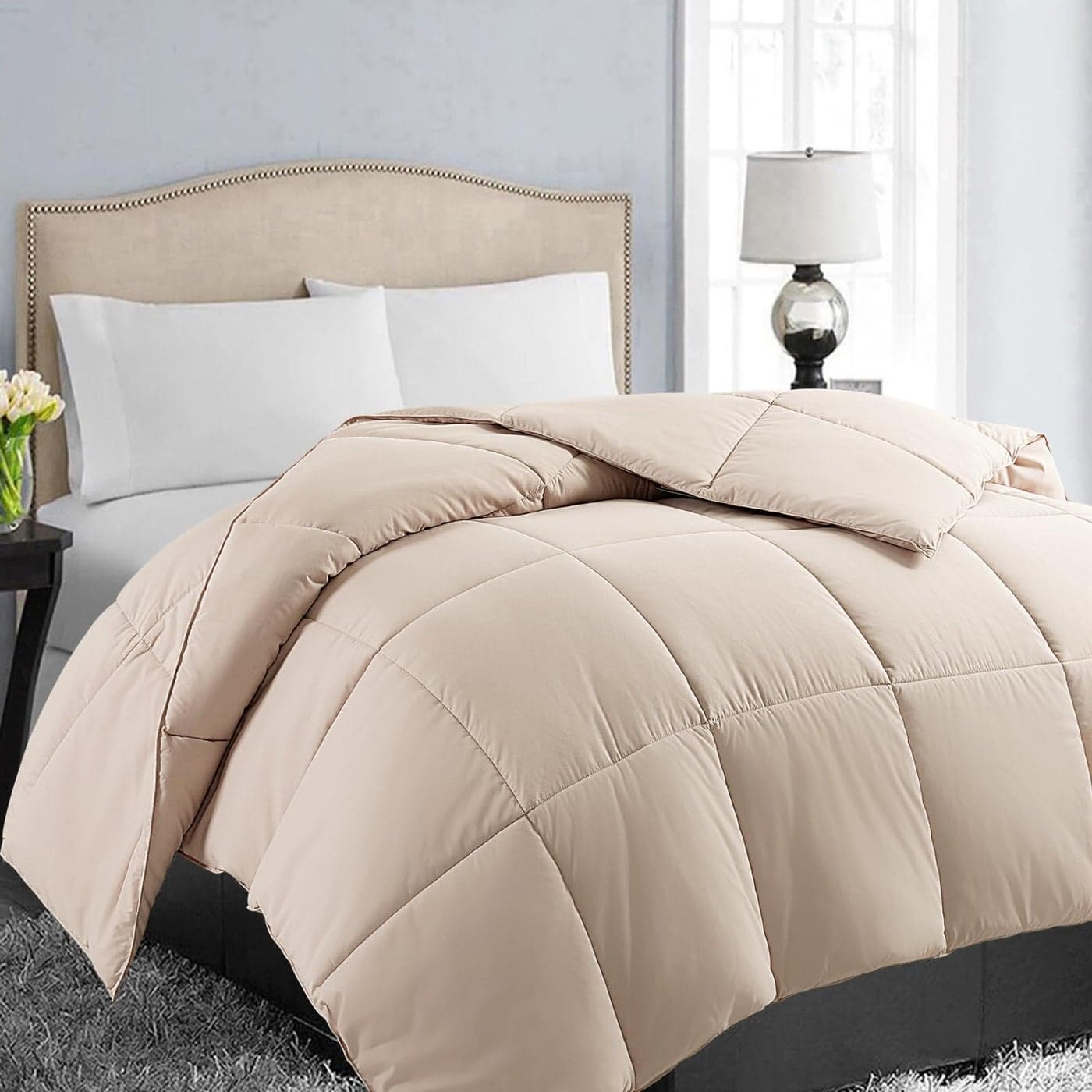EASELAND Full Size Down Alternative Comforter Quilted Duvet Insert for All Seasons Soft Lightweight with Corner Tabs Summer Winter Warm Bedding Beige 8286 Inches