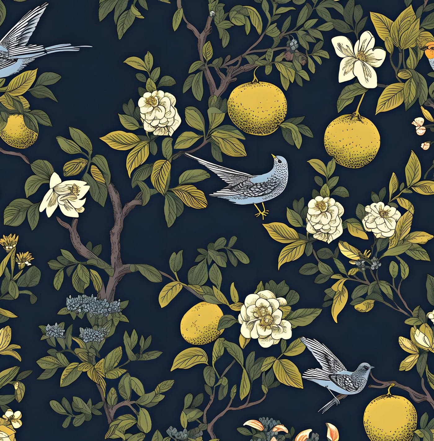 Laatse Birds Wallpaper Peel and Stick, Floral Contact Paper, Trees Friuts Flowers Wall Mural Removable Self Adhesive Waterproof for Room Shelves Cabinet Drawer Table 17.5" x 118"(Blue, Yellow, Green)