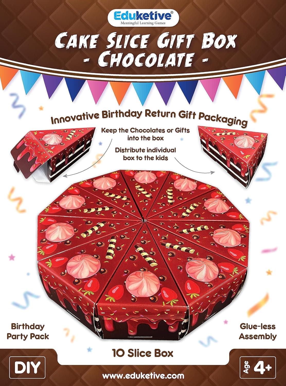 Eduketive Combo of 2 Chocolate Strawberry Cake Slice Gift Box 10 10 Slice Cake Box Birthday Return Gift Packaging and Sweet Distribution for Kids Party or event