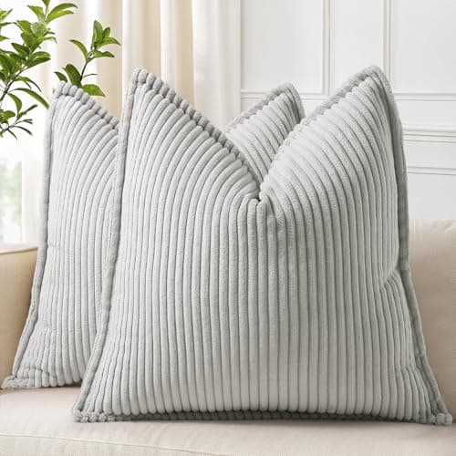 decorUhome Summer Corduroy Grey Throw Pillow Covers 18x18 Set of 2 Decorative Soft Boho Farmhouse Couch Pillow Covers for Living Room Bed Sofa Broadside Striped Pillow Cases