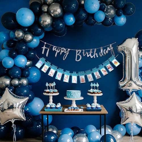 SpecialYou.in 1st Birthday Decoration for Boy with Navy Blue, Silver Chrome & Pastel Blue Balloons for Decoration, Star Foil Balloon, First Birthday Decoration for Baby Boy- 57 Pcs