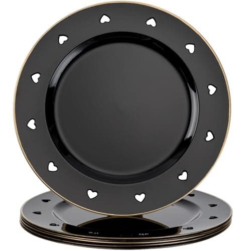 13" Round Black Charger Plates, Heart Hollow Chargers for Dinner Plates with Golden Border, Formal Table Setting Accessory Centerpiece Bluk Wedding, Valentine's Day, Galentine's Day, Set of 6