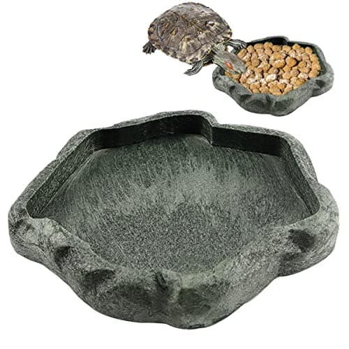 Reptile Water Dish Bowl Resin Rock Reptile Food and Water Feeder Pet Aquarium Ornament Terrarium Plate for Tortoise Lizard (Dark green Small)