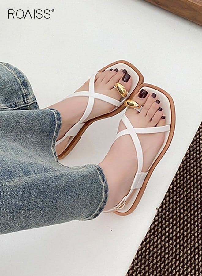 Women's Flip Flop Roman Sandals Flat Cross Strap Sandals with Adjustable Buckle Closure for Summer Non-slip Outsole Breathable Open-Toe for Beach, Travel, Daily Lightweight Durable White