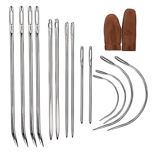 16 Pcs Heavy Duty Sewing Kit Curved Sack Hand Needles Finger Cots for Leather Upholstery Carpet Canvas Repair