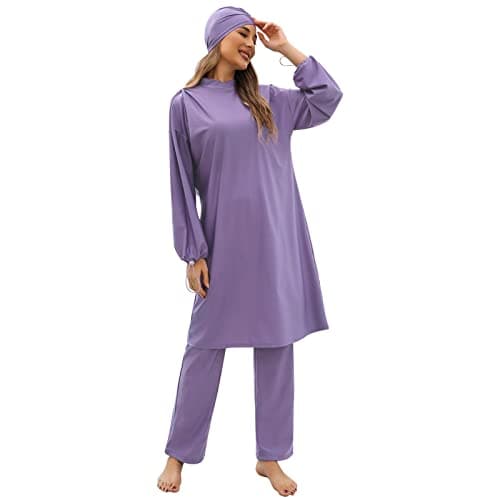 Modest Muslim Swimwear Long Sleeve Rash Guard Women Long Sleeve Swim Top Dress Pants Arabic Dress for Women Full Cover Swimwear Burkini Islamic Hijab Bathing Suit Purple M