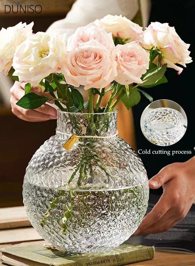 Round Glass Vases, 22cm Hand-Blown Textured Clear Glass Vase with Gold Accent, Modern Narrow Neck Flower Vase for Pampas Grass, Home Decor, Living Room, Wedding
