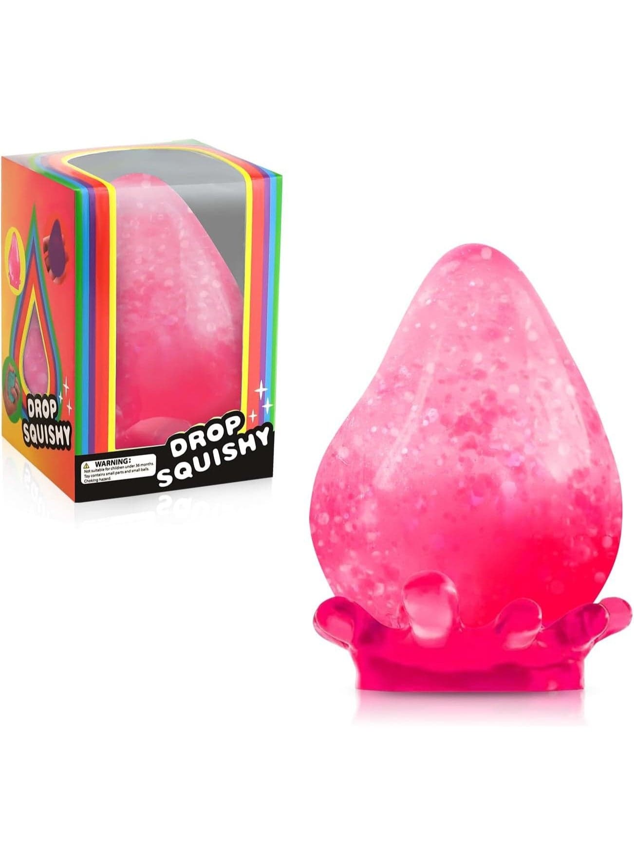 Glitter Drop Squishy Fidget Toy | Soft TPR Squeeze Stress Relief Toy for Kids u0026 Adults | Colorful Sensory Toy for Anxiety, Focus u0026 Calm—Pink