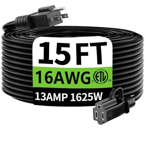 HUANCHAIN Indoor Outdoor Black Extension Cord 15 ft Waterproof, 16/3 Gauge Flexible Cold-Resistant Appliance Extension Cable Outside, 13A 1625W 16AWG SJTW, 3 Prong Heavy Duty Electric Cord, ETL