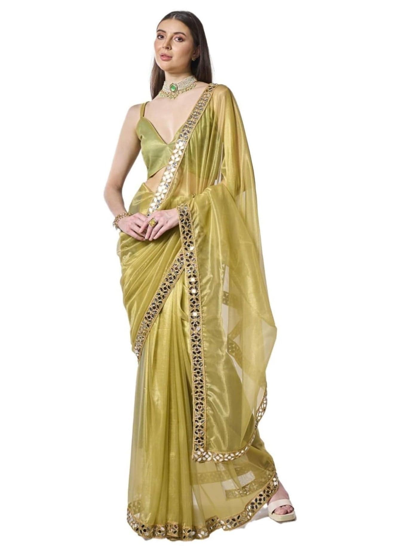 ORHANS Women's Organza Lightweight Lace Work Saree With Art Silk Sequence Work Golden Unstitched Blouse Piece (Green)