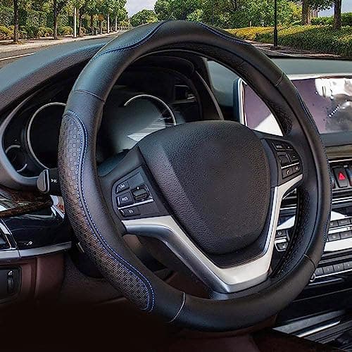 Valleycomfy Leather Steering Wheel Covers Universal 15.75 inch -Breathable, Anti Slip & Odor Free (Black with Blue Lines,L(15" 1/2-16"))