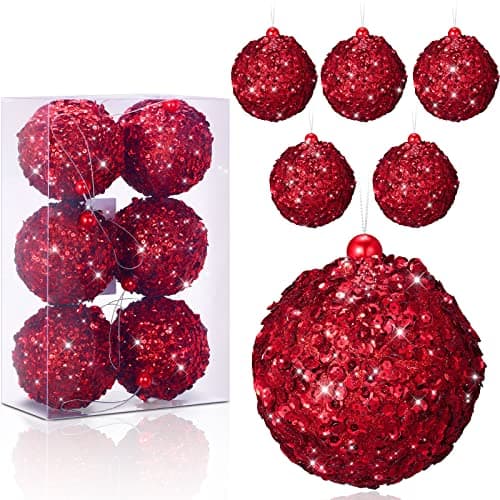 Threan 6 Pcs 3.93'' Red Christmas Ball Ornaments Large Glitter Christmas Ball Ornament Sequin Foam Hanging Decorations for Xmas Wedding Party Holiday Decor