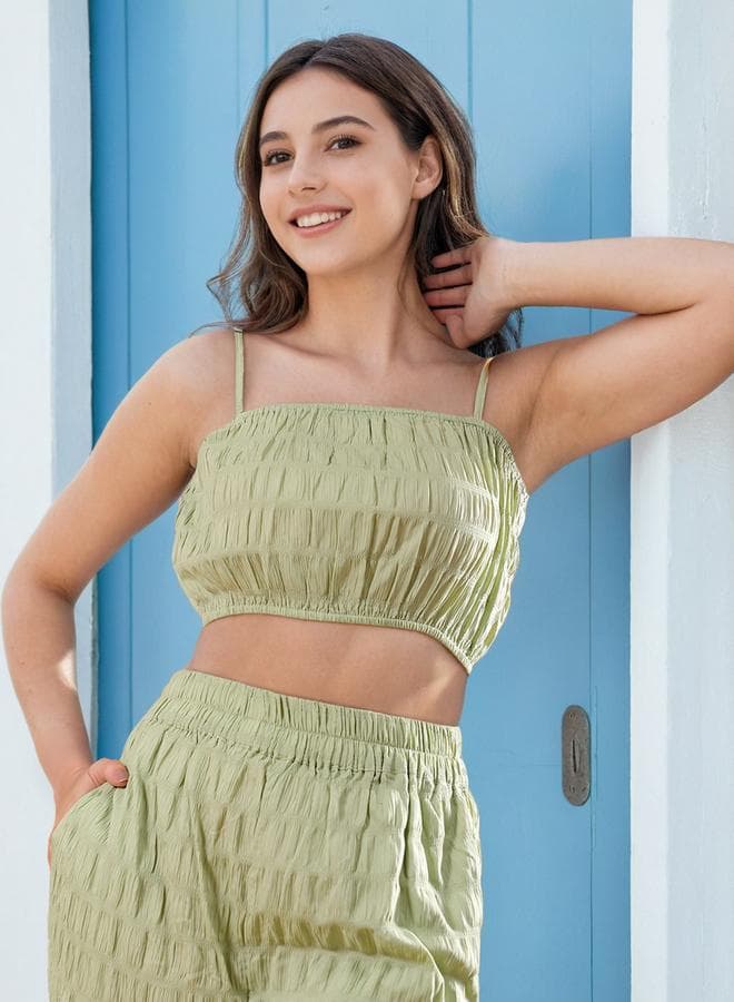 Green Textured Crop Top and Wide Leg Pants Co-ords