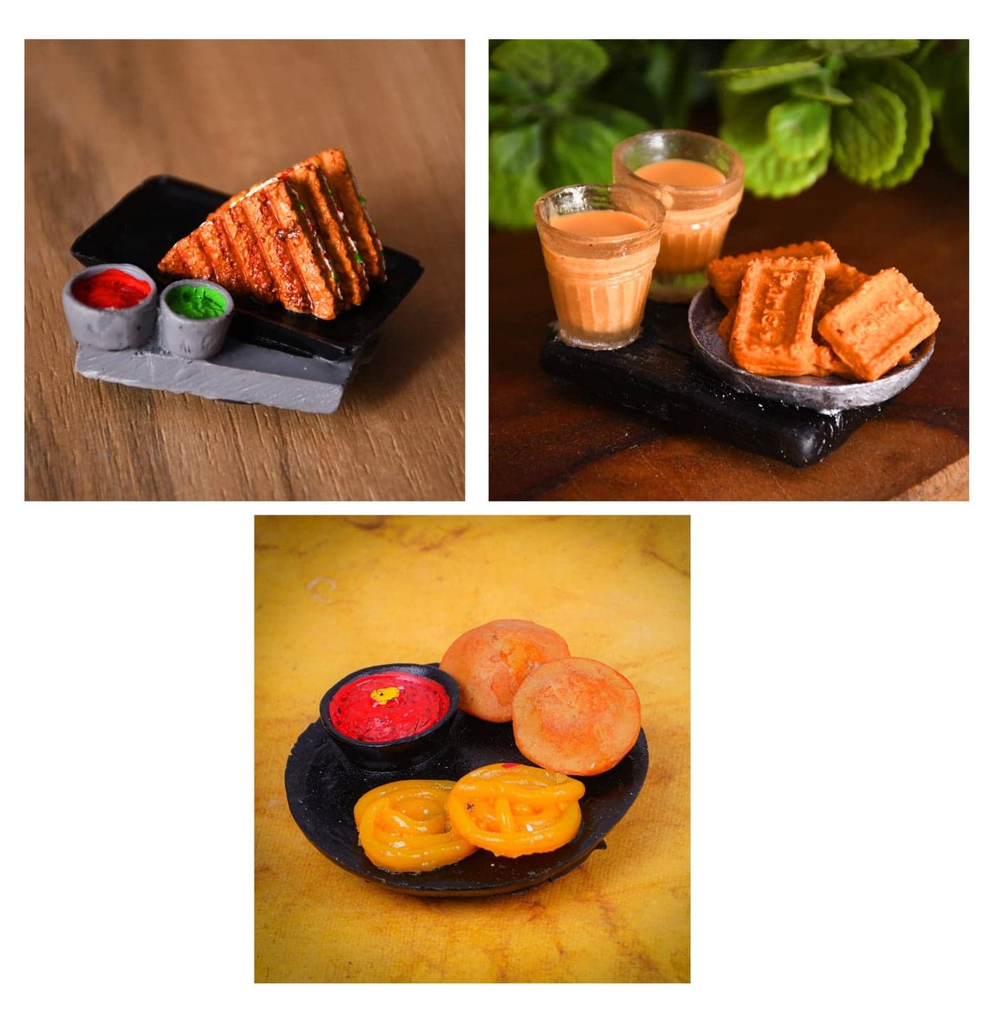 DT DECTONE Combo Pack of 3 Fridge Magnet Kachori, Sandwich, Tea Biscuit Miniature Food 3D Fridge Magnet Best Souvenir Gift 100% Made in India