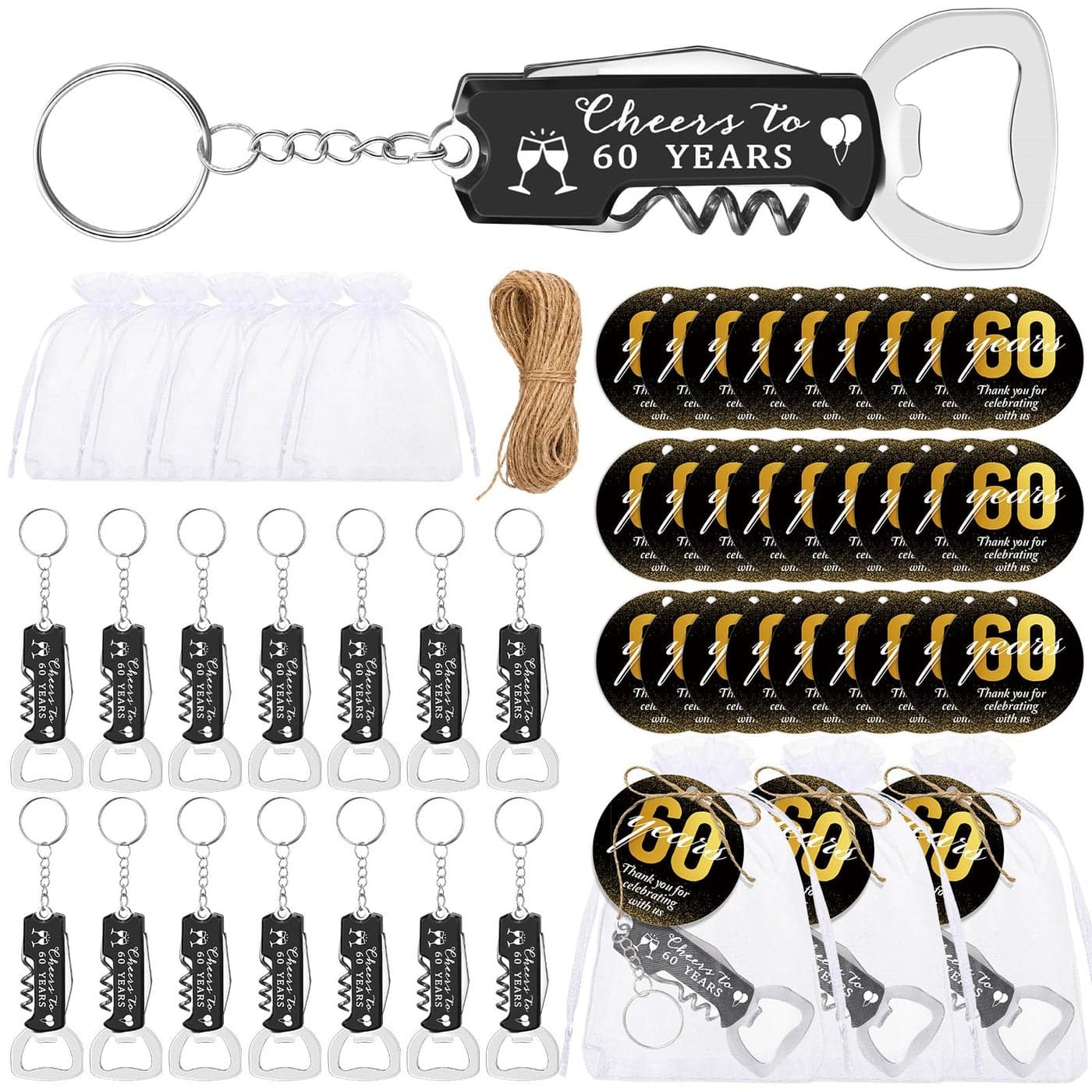 Jingmore 30 Set 60th Birthday Party Favors for Guests Bottle Opener Keychains Bulk Thank You Cards with Organza Gift Bags for Birthday Anniversary Souvenirs Cheers to 60 Years