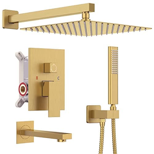 Iriber Brushed Gold Rain Shower System with Waterfall Tub Spout 3 Function Shower Faucet Set Contain 12 Inch Shower Head and Handheld Modern Bathroom Shower Trim Kit (Valve Cartridge Included)