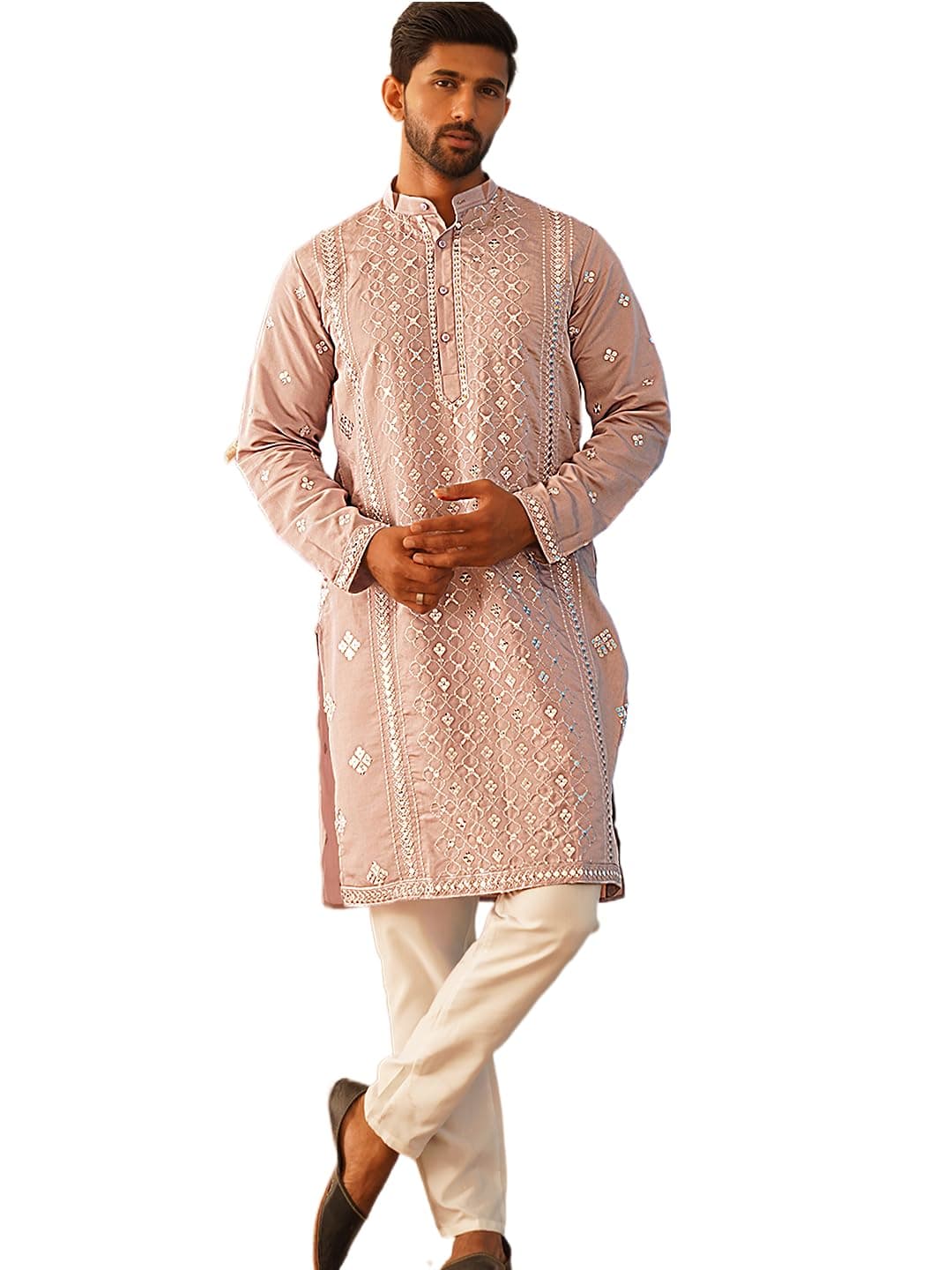 Jompers Men's Peach Embroidered & Sequin Cotton Blend Kurta Pyjama Sets (Peach, M)