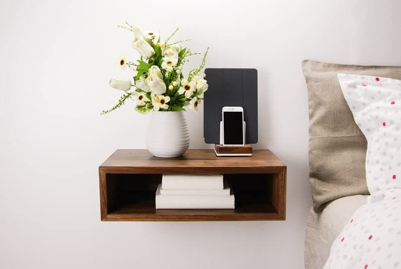 IThree Solid Wood Wall Mounted Bedside Table for Bedroom Nightstand Lamp Holder with Shelf Storage for Home Sheesham Wood Honey Finesh