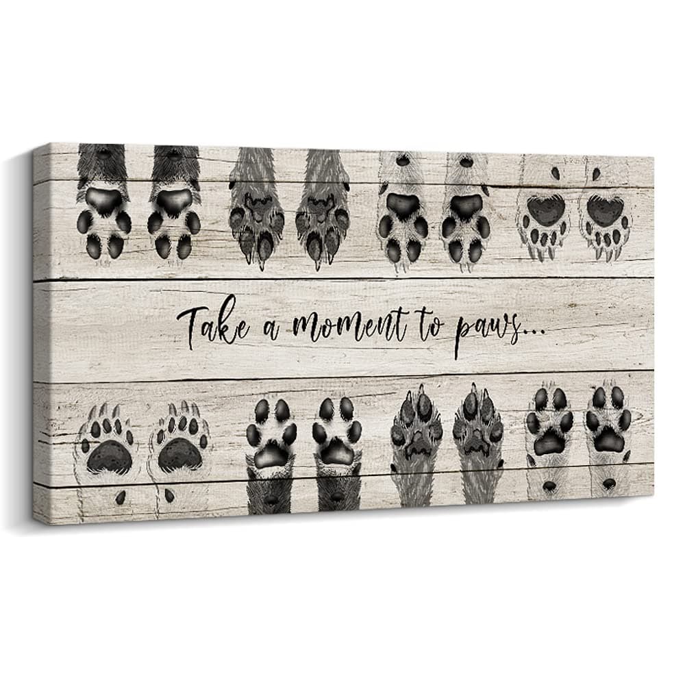 ARTINME Dog Lover Sign Wall DecorTake A Moment to Paws Sign Pet Paw Print Artwork Footprints Canvas Wall ArtFramed Animal Prints Puppy Gifts for Front Door Home Decoration Black
