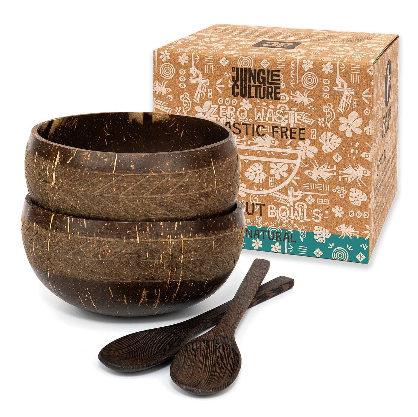 Jungle Culture Set of 2 Coconut Bowls Spoons Organic Wooden Bowls Polished with Coconut Oil Reusable Straw Pouch Handmade Serving Bowls for Food Acai Smoothies Salad Eco Friendly Gift