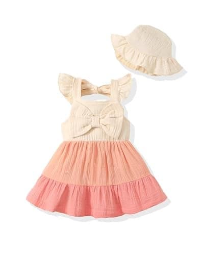 Renotemy Baby Girl Dresses Summer Cotton Linen Outfits Boho Beach Birthday Party Shower Dress 1 Year Old Girl Gifts Smocked Casual Sundress with Creamy White Sun Hat 12-18 Months Girl Clothes