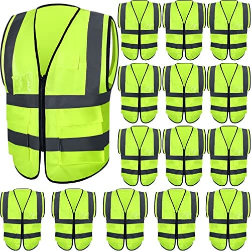 JaGely 15 Pack Reflective Safety Vests with Pockets and Zipper Construction Work High Visibility Vest for Men Women(Large,Fluorescent Green)