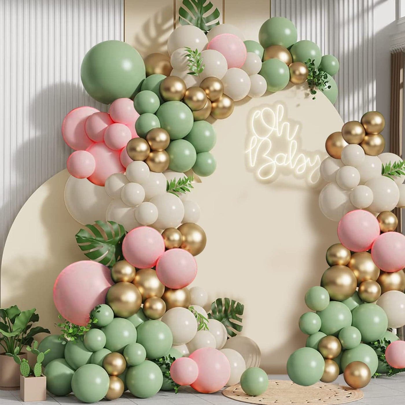 Sage Green Pink Balloons Garland Kit133pcs Olive Green Blush Pink Sand White Metallic Gold Balloons for Bridal Shower Wedding Birthday Jungle Safari Woodland Party Decorations