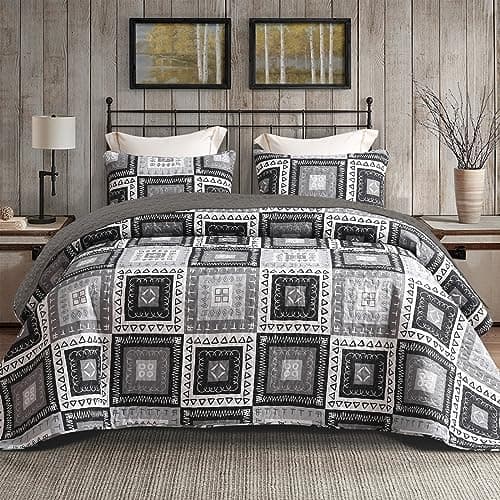 Exclusivo Mezcla Reversible Boho Quilts Twin Size, Black Soft Bedspreads Lightweight Coverlet All Season Patchwork Quilt Bedding Set with Printed Floral Pattern (1 Quilt, 1 Pillow Sham)