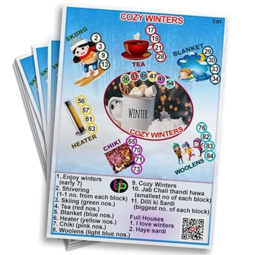 UltPult Tambola Winter Theme Tambola Tickets | Cozy Winter Housie Tambola Themed Bingo Game| Kitty Party Theme Housie Tickets | English | for Family & Friends (Set of 15 Tickets)