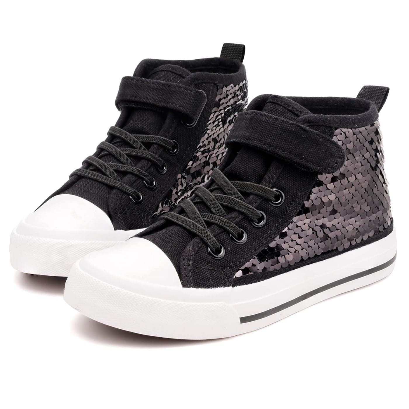 Toandon Girls Kids Canvas Shoes Sneakers for Toddler Boys Color Change Flipping Sequins Glitter Sparkle Slip On High Top Adjustable Hook Loop Straps Velcro NonSlip Lightweight Walking Black Size 1