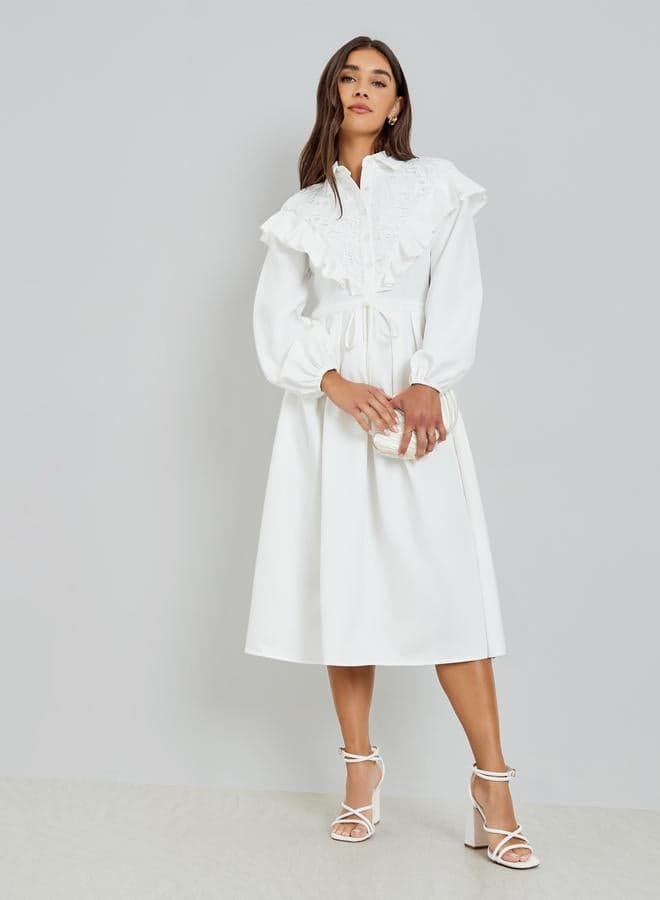 White Lace Collar Shirt Midi Dress